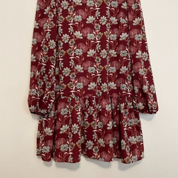 NEW NWT CASLON Floral Print Long Sleeve Drop Waist Mini Dress Burgundy Maroon S - Picture 6 of 15